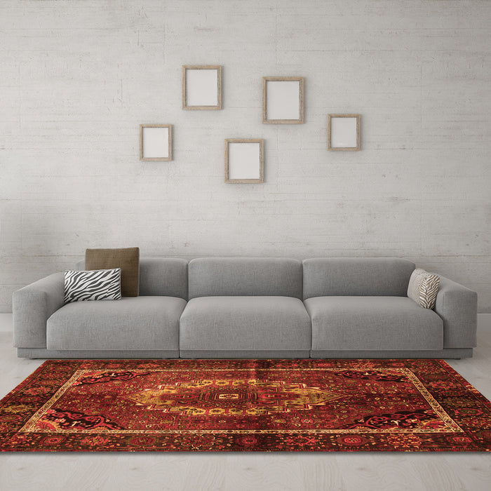 Machine Washable Medallion Orange Traditional Area Rugs in a Living Room, wshtr129org