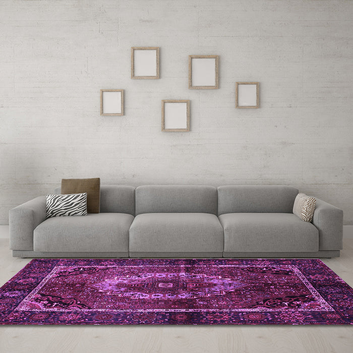 Machine Washable Medallion Purple Traditional Area Rugs in a Living Room, wshtr129pur