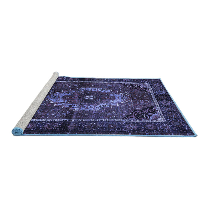 Sideview of Machine Washable Medallion Blue Traditional Rug, wshtr129blu