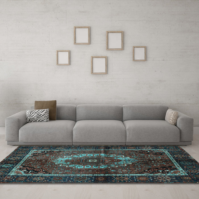 Machine Washable Medallion Light Blue Traditional Rug in a Living Room, wshtr129lblu
