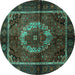 Round Machine Washable Medallion Turquoise Traditional Area Rugs, wshtr129turq