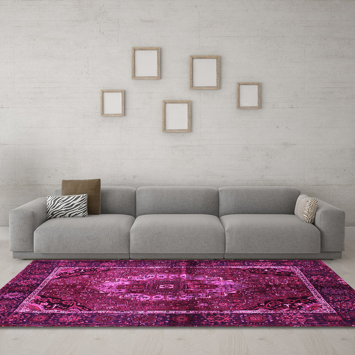 Machine Washable Medallion Pink Traditional Rug in a Living Room, wshtr129pnk