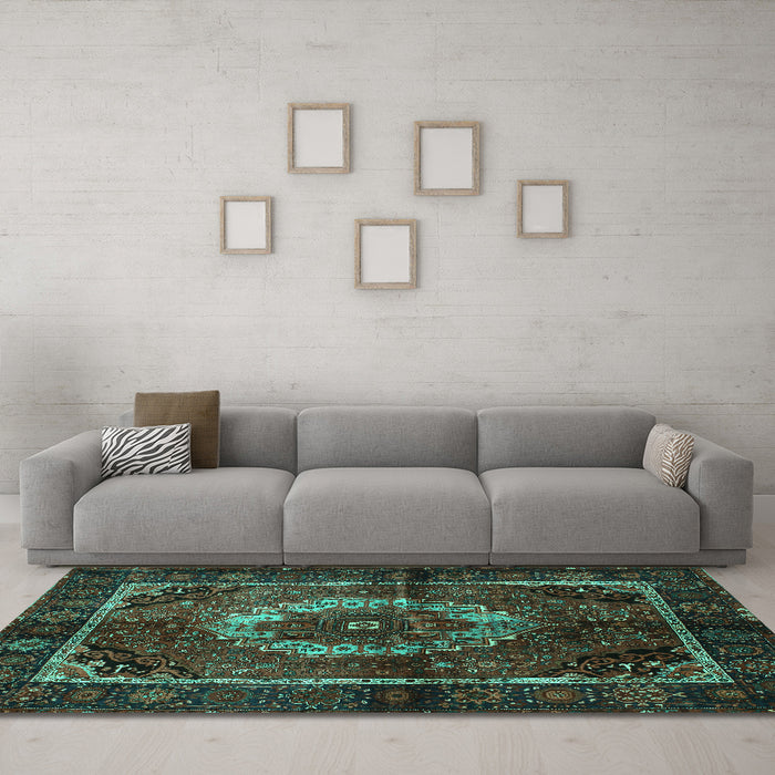 Machine Washable Medallion Turquoise Traditional Area Rugs in a Living Room,, wshtr129turq