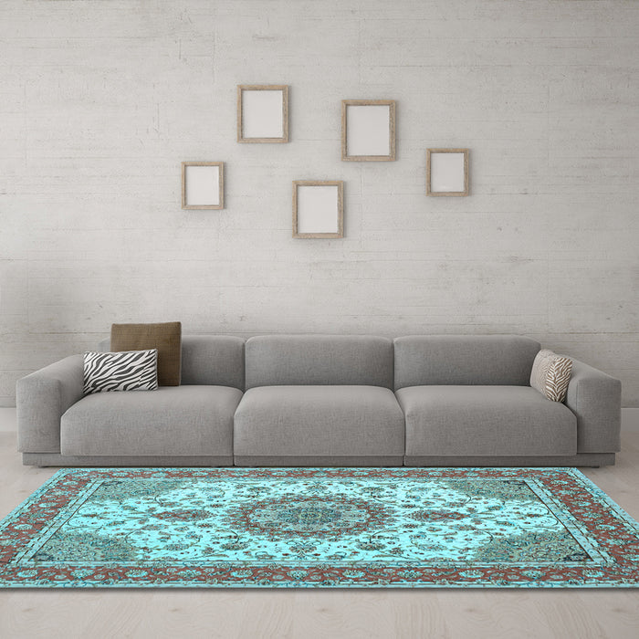Machine Washable Medallion Light Blue Traditional Rug in a Living Room, wshtr12lblu