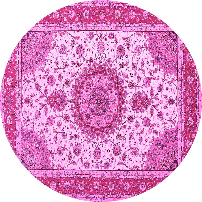 Round Machine Washable Medallion Pink Traditional Rug, wshtr12pnk
