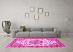 Machine Washable Medallion Pink Traditional Rug in a Living Room, wshtr12pnk