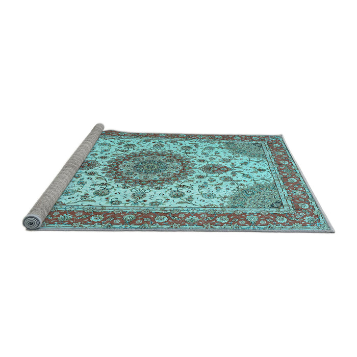 Sideview of Machine Washable Medallion Light Blue Traditional Rug, wshtr12lblu