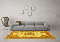 Machine Washable Medallion Yellow Traditional Rug, wshtr12yw