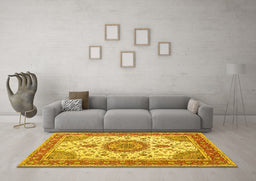Machine Washable Medallion Yellow Traditional Rug in a Living Room, wshtr12yw