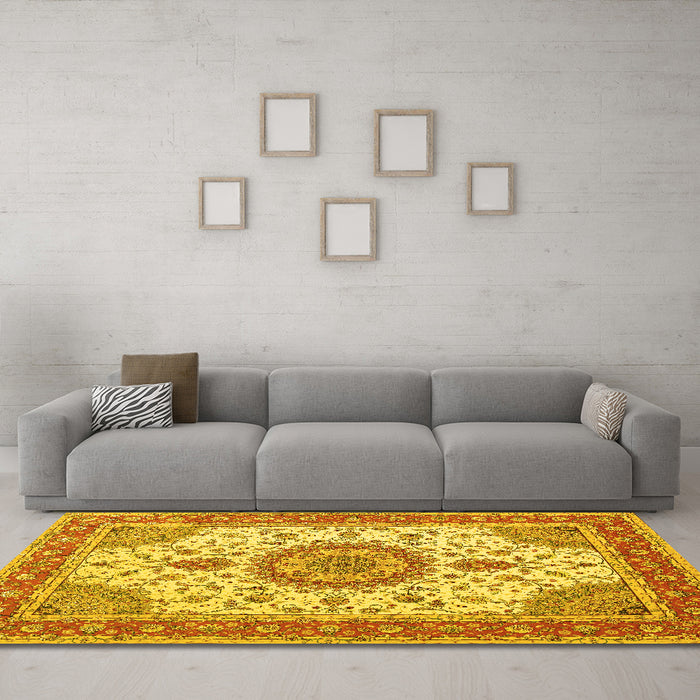 Machine Washable Medallion Yellow Traditional Rug in a Living Room, wshtr12yw