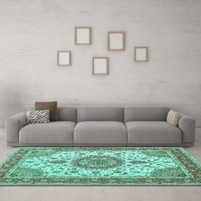 Machine Washable Medallion Turquoise Traditional Area Rugs in a Living Room,, wshtr12turq