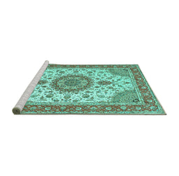 Sideview of Machine Washable Medallion Turquoise Traditional Area Rugs, wshtr12turq