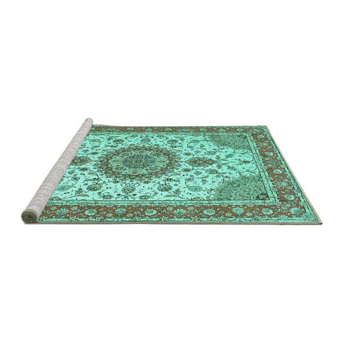 Sideview of Machine Washable Medallion Turquoise Traditional Area Rugs, wshtr12turq
