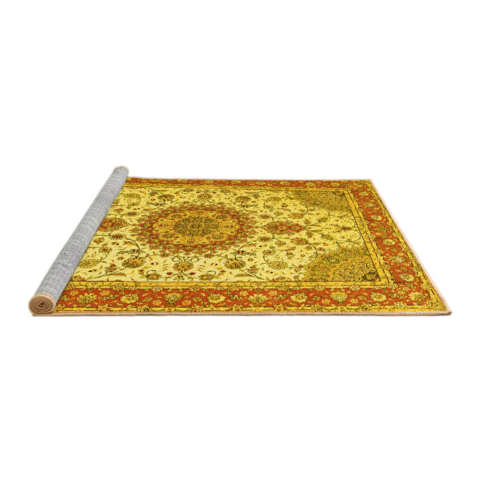 Sideview of Machine Washable Medallion Yellow Traditional Rug, wshtr12yw
