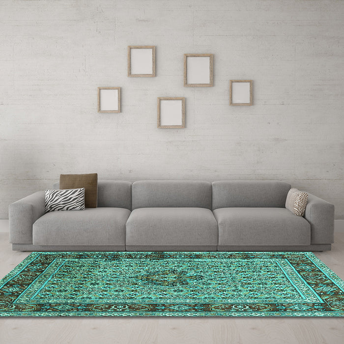 Machine Washable Persian Turquoise Traditional Area Rugs in a Living Room,, wshtr1303turq