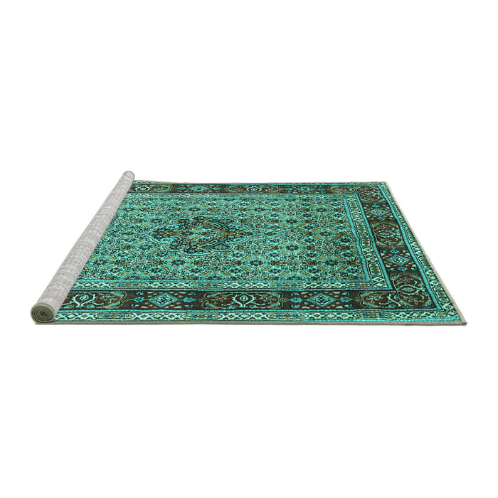 Sideview of Machine Washable Persian Turquoise Traditional Area Rugs, wshtr1303turq