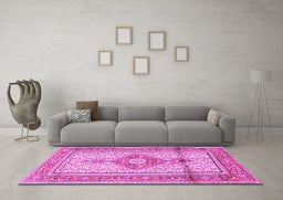 Machine Washable Medallion Pink Traditional Rug in a Living Room, wshtr1304pnk