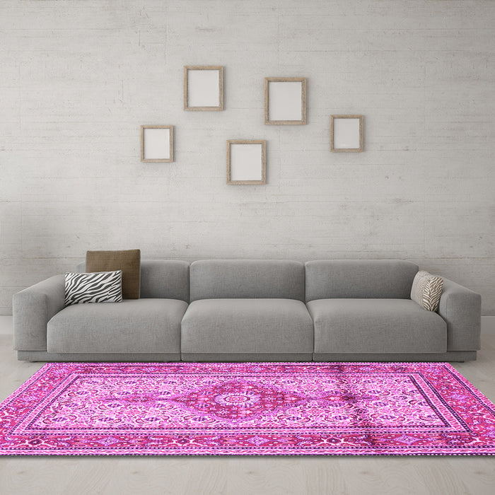 Machine Washable Medallion Pink Traditional Rug in a Living Room, wshtr1304pnk