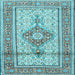 Square Machine Washable Medallion Light Blue Traditional Rug, wshtr1304lblu