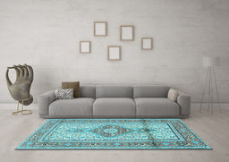 Machine Washable Medallion Light Blue Traditional Rug in a Living Room, wshtr1304lblu