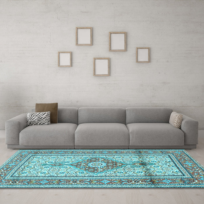 Machine Washable Medallion Light Blue Traditional Rug in a Living Room, wshtr1304lblu