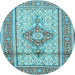 Round Machine Washable Medallion Light Blue Traditional Rug, wshtr1304lblu