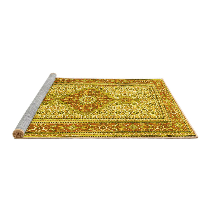 Sideview of Machine Washable Medallion Yellow Traditional Rug, wshtr1304yw