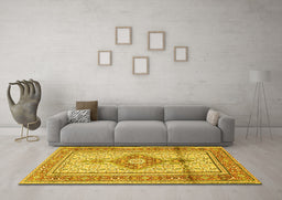Machine Washable Medallion Yellow Traditional Rug in a Living Room, wshtr1304yw