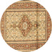 Round Machine Washable Medallion Brown Traditional Rug, wshtr1304brn