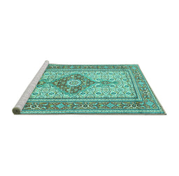 Sideview of Machine Washable Medallion Turquoise Traditional Area Rugs, wshtr1304turq