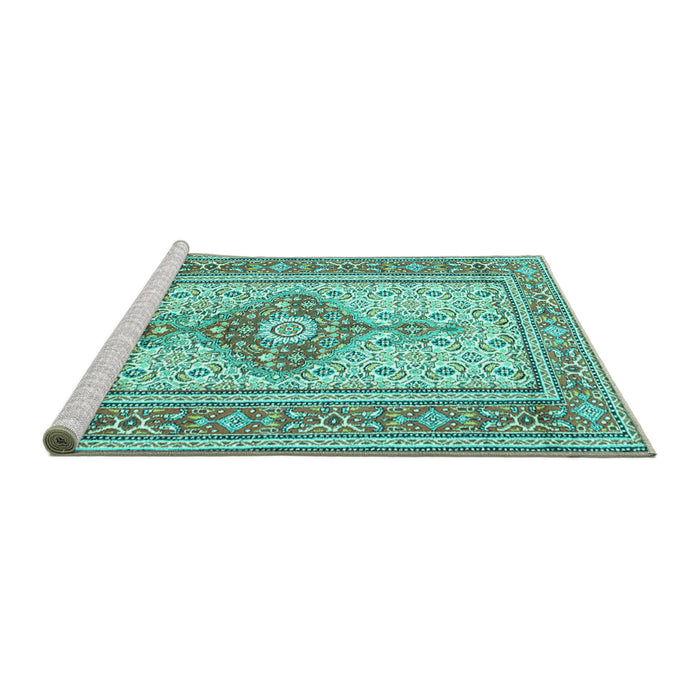 Sideview of Machine Washable Medallion Turquoise Traditional Area Rugs, wshtr1304turq