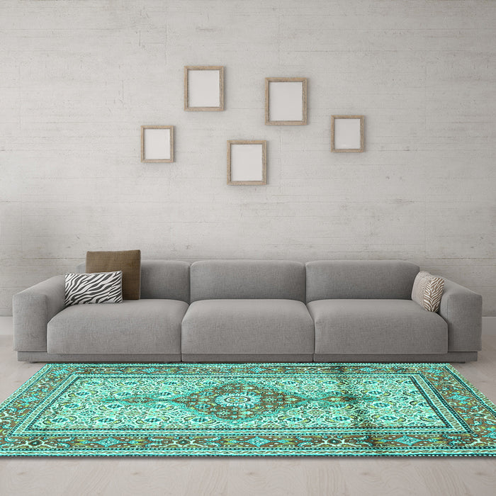 Machine Washable Medallion Turquoise Traditional Area Rugs in a Living Room,, wshtr1304turq
