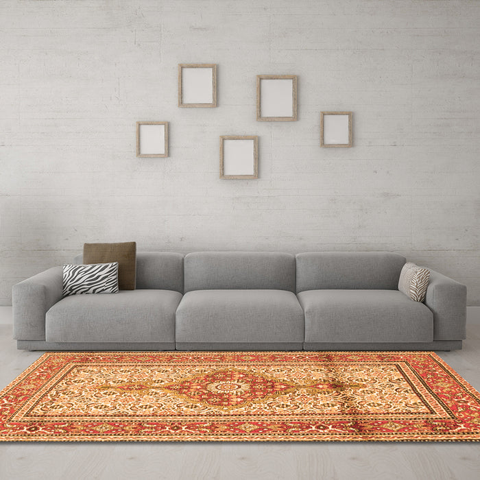 Machine Washable Medallion Orange Traditional Area Rugs in a Living Room, wshtr1304org