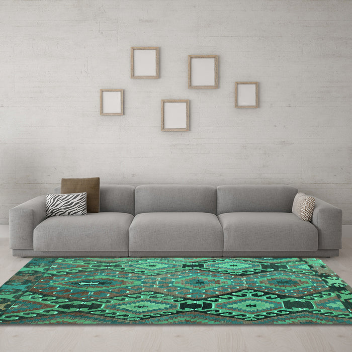 Machine Washable Southwestern Turquoise Country Area Rugs in a Living Room,, wshtr1305turq