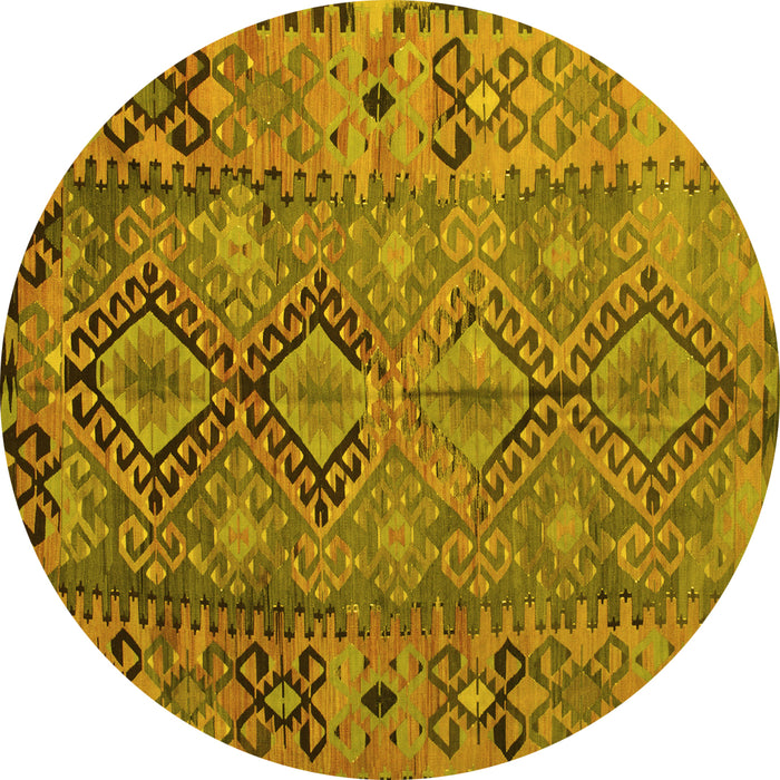 Round Machine Washable Southwestern Yellow Country Rug, wshtr1306yw