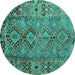 Round Machine Washable Southwestern Turquoise Country Area Rugs, wshtr1306turq