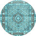 Round Machine Washable Medallion Light Blue Traditional Rug, wshtr1307lblu