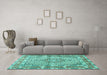 Machine Washable Medallion Turquoise Traditional Area Rugs in a Living Room,, wshtr1307turq