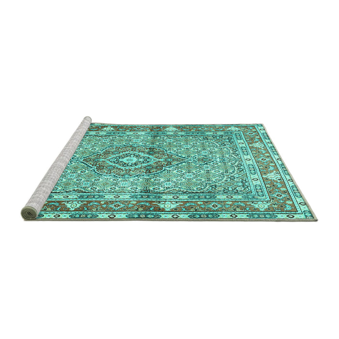 Sideview of Machine Washable Medallion Turquoise Traditional Area Rugs, wshtr1307turq