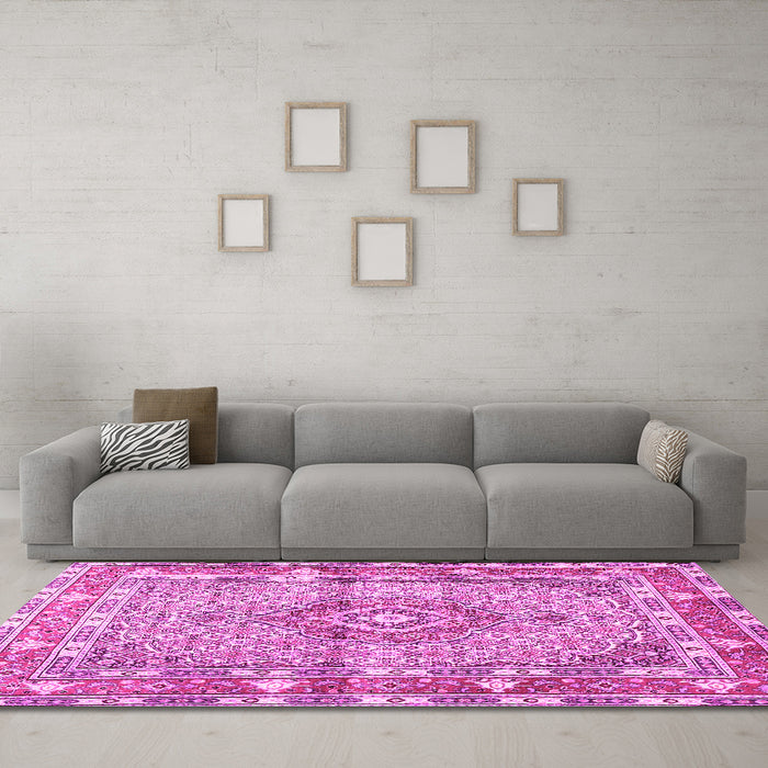 Machine Washable Medallion Pink Traditional Rug in a Living Room, wshtr1307pnk