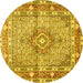 Round Machine Washable Medallion Yellow Traditional Rug, wshtr1307yw