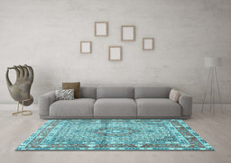Machine Washable Medallion Light Blue Traditional Rug in a Living Room, wshtr1307lblu