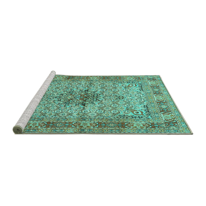 Sideview of Machine Washable Persian Turquoise Traditional Area Rugs, wshtr1308turq