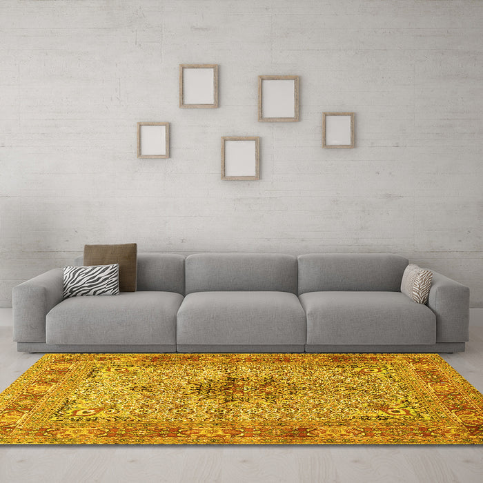 Machine Washable Persian Yellow Traditional Rug in a Living Room, wshtr1308yw