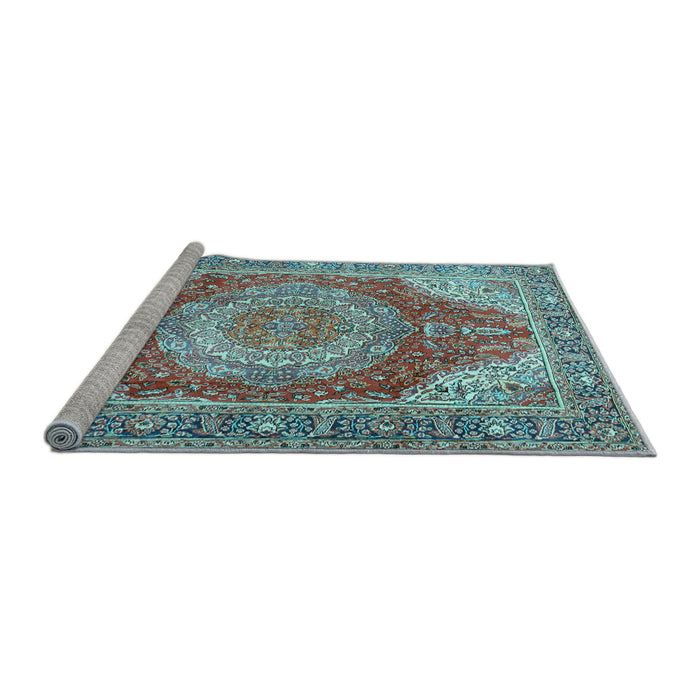 Sideview of Machine Washable Medallion Light Blue Traditional Rug, wshtr1309lblu