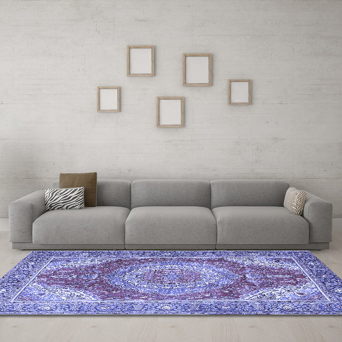 Machine Washable Medallion Blue Traditional Rug in a Living Room, wshtr1309blu