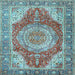 Square Machine Washable Medallion Light Blue Traditional Rug, wshtr1309lblu