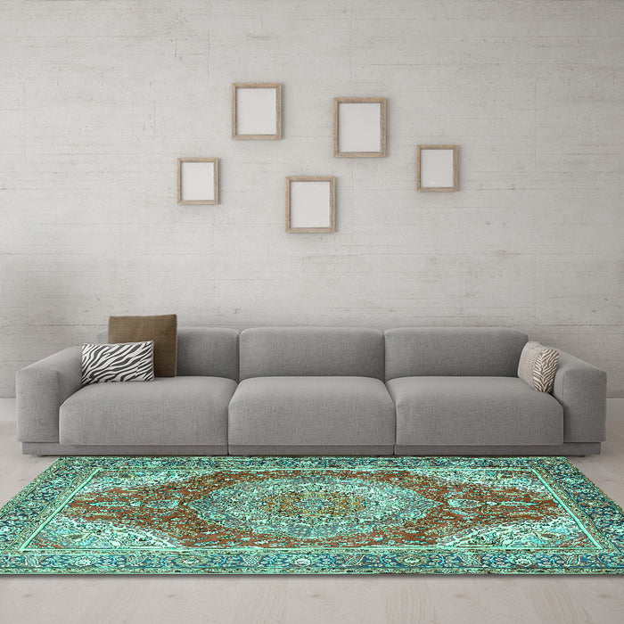 Machine Washable Medallion Turquoise Traditional Area Rugs in a Living Room,, wshtr1309turq