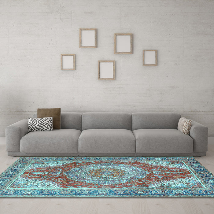 Machine Washable Medallion Light Blue Traditional Rug in a Living Room, wshtr1309lblu