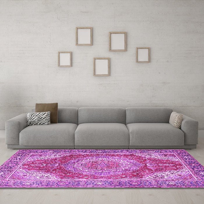 Machine Washable Medallion Purple Traditional Area Rugs in a Living Room, wshtr1309pur